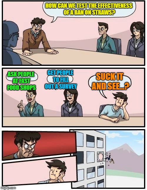 Boardroom Meeting Suggestion Meme | HOW CAN WE TEST THE EFFECTIVENESS OF A BAN ON STRAWS? ASK PEOPLE AT FAST FOOD SHOPS GET PEOPLE TO FILL OUT A SURVEY SUCK IT AND SEE...? | image tagged in memes,boardroom meeting suggestion | made w/ Imgflip meme maker