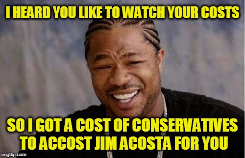 Yo Dawg Heard You Meme | I HEARD YOU LIKE TO WATCH YOUR COSTS; SO I GOT A COST OF CONSERVATIVES TO ACCOST JIM ACOSTA FOR YOU | image tagged in memes,yo dawg heard you | made w/ Imgflip meme maker