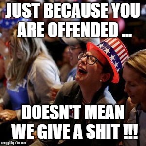 Crying Liberal | JUST BECAUSE YOU ARE OFFENDED ... DOESN'T MEAN WE GIVE A SHIT !!! | image tagged in crying liberal | made w/ Imgflip meme maker