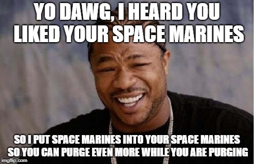 Yo Dawg Heard You | YO DAWG, I HEARD YOU LIKED YOUR SPACE MARINES; SO I PUT SPACE MARINES INTO YOUR SPACE MARINES SO YOU CAN PURGE EVEN MORE WHILE YOU ARE PURGING | image tagged in memes,yo dawg heard you | made w/ Imgflip meme maker