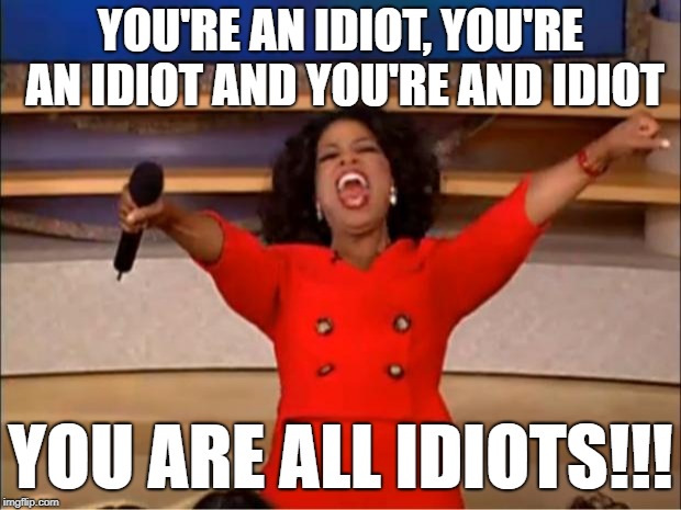 Oprah You Get A | YOU'RE AN IDIOT, YOU'RE AN IDIOT AND YOU'RE AND IDIOT; YOU ARE ALL IDIOTS!!! | image tagged in memes,oprah you get a | made w/ Imgflip meme maker