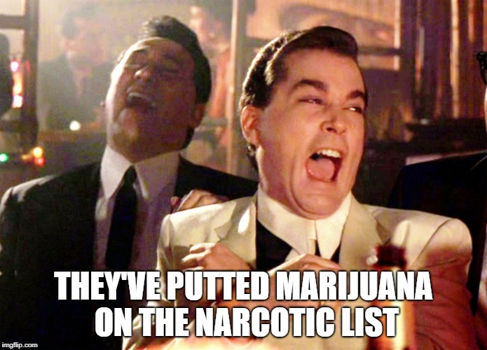 Good Fellas Hilarious Meme | THEY'VE PUTTED MARIJUANA ON THE NARCOTIC LIST | image tagged in memes,good fellas hilarious | made w/ Imgflip meme maker