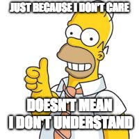 homer no problemo | JUST BECAUSE I DON'T CARE; DOESN'T MEAN I DON'T UNDERSTAND | image tagged in homer no problemo | made w/ Imgflip meme maker