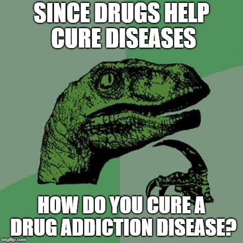 Philosoraptor Meme | SINCE DRUGS HELP CURE DISEASES; HOW DO YOU CURE A DRUG ADDICTION DISEASE? | image tagged in memes,philosoraptor | made w/ Imgflip meme maker