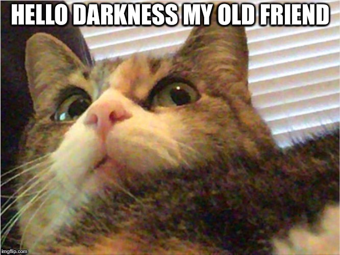 Hello Darkness my old friend | HELLO DARKNESS MY OLD FRIEND | image tagged in hello darkness my old friend,somethingscoming,omfg | made w/ Imgflip meme maker