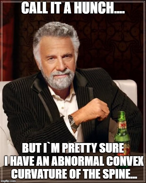 The Most Interesting Man In The World Meme | CALL IT A HUNCH.... BUT I`M PRETTY SURE I HAVE AN ABNORMAL CONVEX CURVATURE OF THE SPINE... | image tagged in memes,the most interesting man in the world | made w/ Imgflip meme maker
