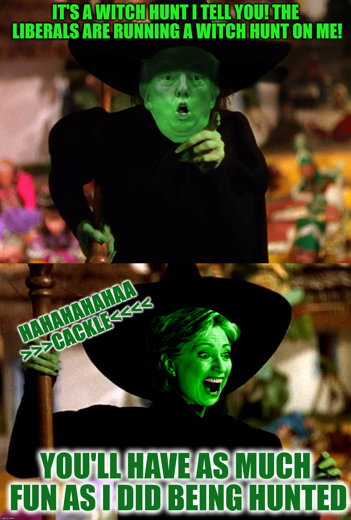 There's nothing like a good old witch hunt to whet a political appetite | IT'S A WITCH HUNT I TELL YOU! THE LIBERALS ARE RUNNING A WITCH HUNT ON ME! HAHAHAHAHAA >>>CACKLE<<<<; YOU'LL HAVE AS MUCH FUN AS I DID BEING HUNTED | image tagged in trump,hillary,witchhunt | made w/ Imgflip meme maker
