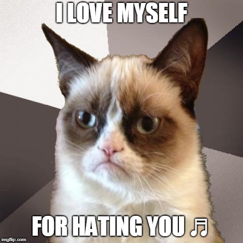 I've broken free from the dumb things that you do ♪ |  I LOVE MYSELF; FOR HATING YOU ♬ | image tagged in musically malicious grumpy cat,grumpy cat,memes,music,i hate myself for loving you,joan jett | made w/ Imgflip meme maker
