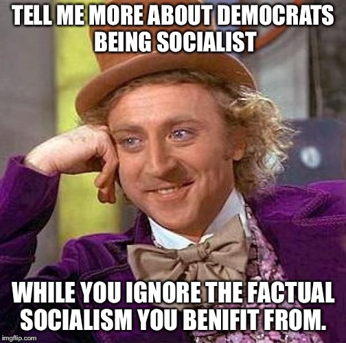 Creepy Condescending Wonka Meme | TELL ME MORE ABOUT DEMOCRATS BEING SOCIALIST WHILE YOU IGNORE THE FACTUAL SOCIALISM YOU BENIFIT FROM. | image tagged in memes,creepy condescending wonka | made w/ Imgflip meme maker