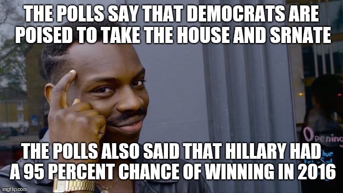 It's all leftist propaganda | THE POLLS SAY THAT DEMOCRATS ARE POISED TO TAKE THE HOUSE AND SRNATE; THE POLLS ALSO SAID THAT HILLARY HAD A 95 PERCENT CHANCE OF WINNING IN 2016 | image tagged in memes,roll safe think about it | made w/ Imgflip meme maker