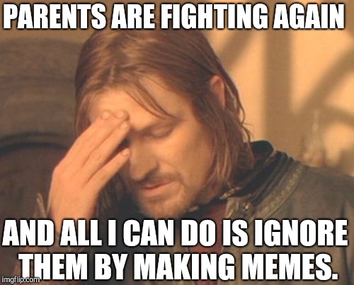 The Tension Is Thicc |  PARENTS ARE FIGHTING AGAIN; AND ALL I CAN DO IS IGNORE THEM BY MAKING MEMES. | image tagged in memes,frustrated boromir,parents,fighting,memes about memeing,please kill me | made w/ Imgflip meme maker