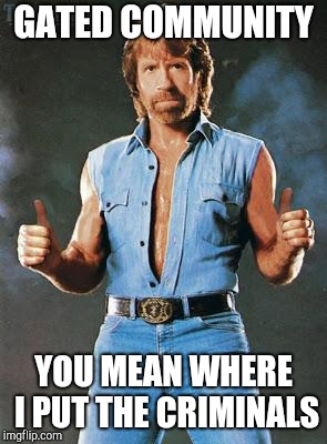 chuck norris approves | GATED COMMUNITY; YOU MEAN WHERE I PUT THE CRIMINALS | image tagged in chuck norris approves | made w/ Imgflip meme maker