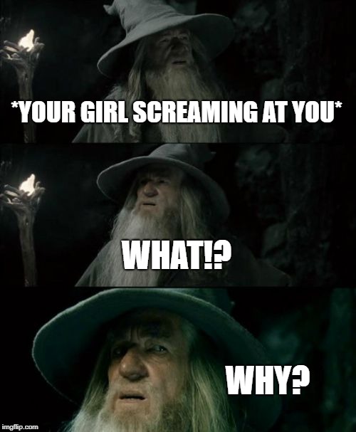Confused Gandalf Meme | *YOUR GIRL SCREAMING AT YOU*; WHAT!? WHY? | image tagged in memes,confused gandalf | made w/ Imgflip meme maker