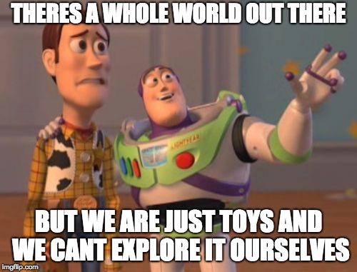 X, X Everywhere Meme | THERES A WHOLE WORLD OUT THERE; BUT WE ARE JUST TOYS AND WE CANT EXPLORE IT OURSELVES | image tagged in memes,x x everywhere | made w/ Imgflip meme maker