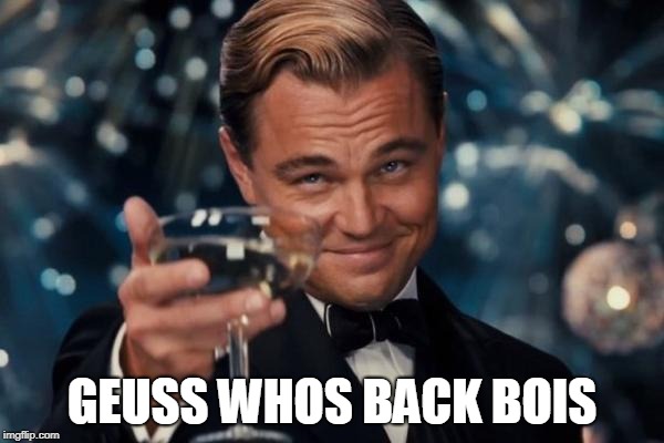 Everything is good now | GEUSS WHOS BACK BOIS | image tagged in memes,leonardo dicaprio cheers,curry2017 | made w/ Imgflip meme maker