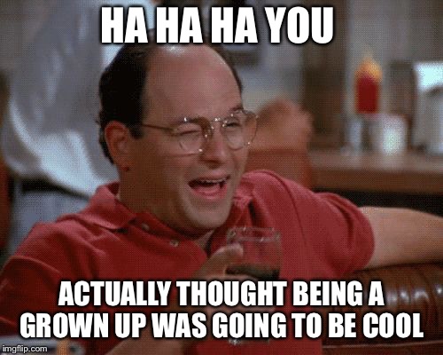 George Costanza | HA HA HA YOU; ACTUALLY THOUGHT BEING A GROWN UP WAS GOING TO BE COOL | image tagged in george costanza | made w/ Imgflip meme maker