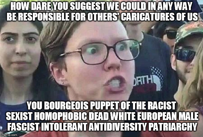 Triggered Liberal | HOW DARE YOU SUGGEST WE COULD IN ANY WAY BE RESPONSIBLE FOR OTHERS' CARICATURES OF US YOU BOURGEOIS PUPPET OF THE RACIST SEXIST HOMOPHOBIC D | image tagged in triggered liberal | made w/ Imgflip meme maker