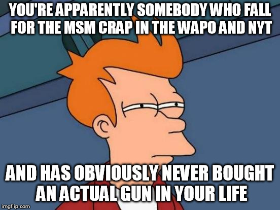 Futurama Fry Meme | YOU'RE APPARENTLY SOMEBODY WHO FALL FOR THE MSM CRAP IN THE WAPO AND NYT AND HAS OBVIOUSLY NEVER BOUGHT AN ACTUAL GUN IN YOUR LIFE | image tagged in memes,futurama fry | made w/ Imgflip meme maker