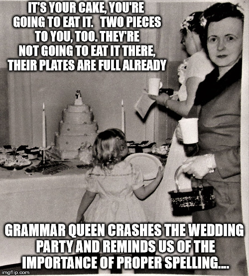 Judgemental Wedding Guest | IT'S YOUR CAKE, YOU'RE GOING TO EAT IT.   TWO PIECES TO YOU, TOO. THEY'RE NOT GOING TO EAT IT THERE, THEIR PLATES ARE FULL ALREADY GRAMMAR Q | image tagged in judgemental wedding guest | made w/ Imgflip meme maker
