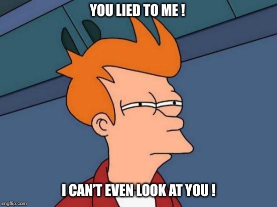 Futurama Fry Meme | YOU LIED TO ME ! I CAN’T EVEN LOOK AT YOU ! | image tagged in memes,futurama fry | made w/ Imgflip meme maker