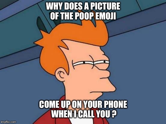 Futurama Fry | WHY DOES A
PICTURE OF THE POOP EMOJI; COME UP
ON YOUR PHONE WHEN I CALL
YOU ? | image tagged in memes,futurama fry | made w/ Imgflip meme maker