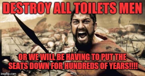 Sparta Leonidas | DESTROY ALL TOILETS MEN; OR WE WILL BE HAVING TO PUT THE SEATS DOWN FOR HUNDREDS OF YEARS!!!! | image tagged in memes,sparta leonidas | made w/ Imgflip meme maker