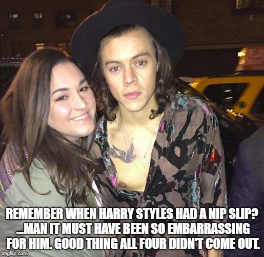 REMEMBER WHEN HARRY STYLES HAD A NIP SLIP? ...MAN IT MUST HAVE BEEN SO EMBARRASSING FOR HIM. GOOD THING ALL FOUR DIDN'T COME OUT. | image tagged in celebrity | made w/ Imgflip meme maker