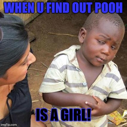 WHEN U FIND OUT POOH IS A GIRL! | image tagged in memes,third world skeptical kid | made w/ Imgflip meme maker