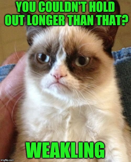Grumpy Cat Meme | YOU COULDN'T HOLD OUT LONGER THAN THAT? WEAKLING | image tagged in memes,grumpy cat | made w/ Imgflip meme maker