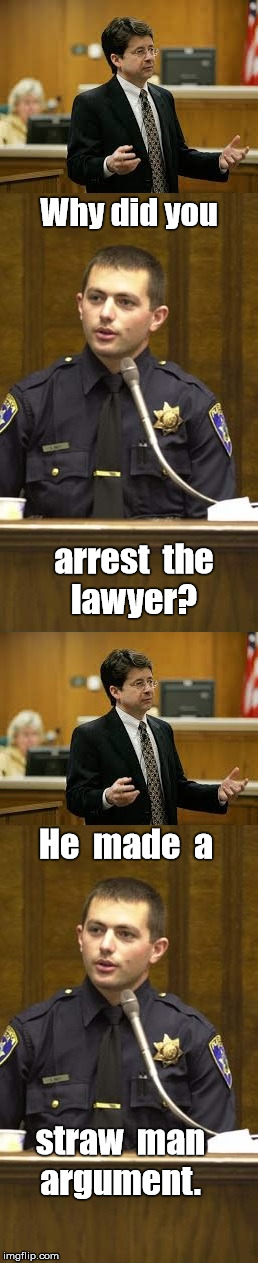 California Lawyer Arrested | Why did you; arrest  the  lawyer? He  made  a; straw  man  argument. | image tagged in lawyer and cop testifying,memes,the last straw,straws | made w/ Imgflip meme maker