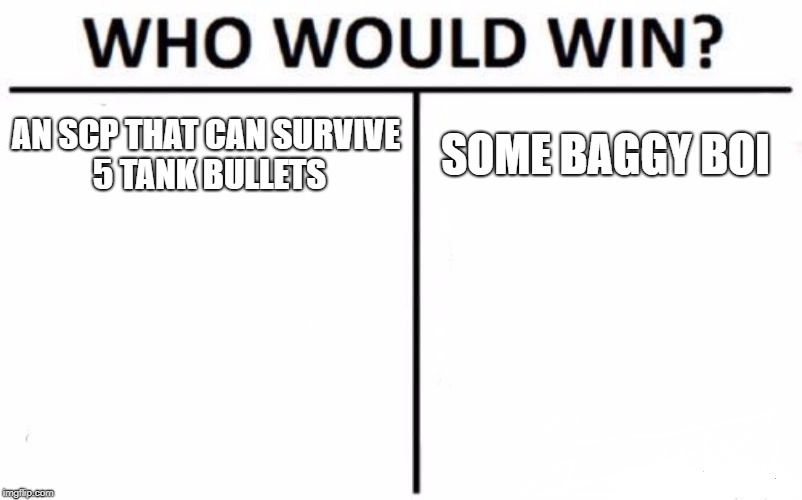 Who Would Win? Meme | AN SCP THAT CAN SURVIVE 5 TANK BULLETS; SOME BAGGY BOI | image tagged in memes,who would win | made w/ Imgflip meme maker