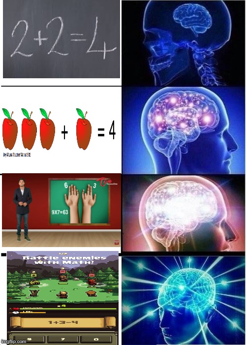 Math learning | image tagged in memes,expanding brain,math,games,apples,brain | made w/ Imgflip meme maker