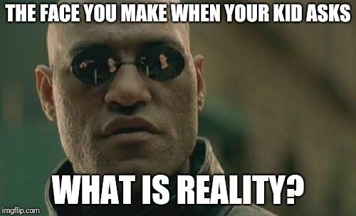 True story | THE FACE YOU MAKE WHEN YOUR KID ASKS; WHAT IS REALITY? | image tagged in memes,matrix morpheus | made w/ Imgflip meme maker
