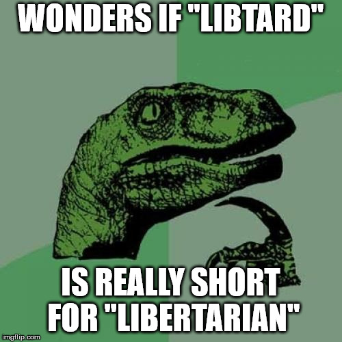 Philosoraptor Meme | WONDERS IF "LIBTARD" IS REALLY SHORT FOR "LIBERTARIAN" | image tagged in memes,philosoraptor | made w/ Imgflip meme maker