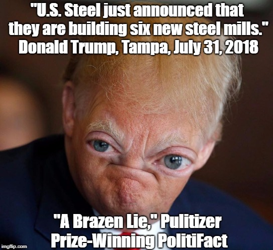 "U.S. Steel just announced that they are building six new steel mills." Donald Trump, Tampa, July 31, 2018 "A Brazen Lie," Pulitizer Prize-W | made w/ Imgflip meme maker