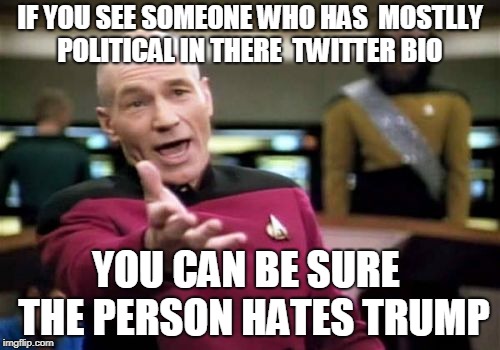 somthing to easily spot  a liberal  | IF YOU SEE SOMEONE WHO HAS  MOSTLLY POLITICAL IN THERE  TWITTER BIO; YOU CAN BE SURE  THE PERSON HATES TRUMP | image tagged in memes,picard wtf,stupid liberals | made w/ Imgflip meme maker
