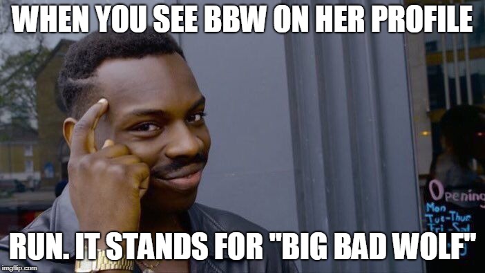 Roll Safe Think About It | WHEN YOU SEE BBW ON HER PROFILE; RUN. IT STANDS FOR "BIG BAD WOLF" | image tagged in memes,roll safe think about it | made w/ Imgflip meme maker