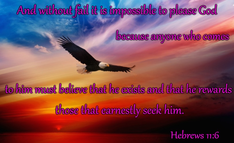 Hebrews 11:6 You Must Believe He Exists & he Rewards Those That Seek him


 | And without fail it is impossible to please God; because anyone who comes; to him must believe that he exists and that he rewards; those that earnestly seek him. Hebrews 11:6 | image tagged in bible,bible verse,holy bible,holy spirit,verse,god | made w/ Imgflip meme maker