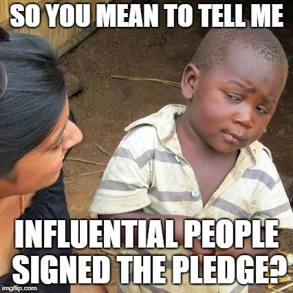 Third World Skeptical Kid Meme | SO YOU MEAN TO TELL ME; INFLUENTIAL PEOPLE SIGNED THE PLEDGE? | image tagged in memes,third world skeptical kid | made w/ Imgflip meme maker