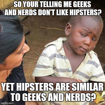 Third World Skeptical Kid Meme | SO YOUR TELLING ME GEEKS AND NERDS DON'T LIKE HIPSTERS? YET HIPSTERS ARE SIMILAR TO GEEKS AND NERDS? | image tagged in memes,third world skeptical kid | made w/ Imgflip meme maker