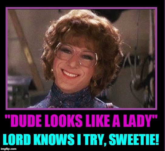 Tootsie as Performed by Dustin Hoffman | "DUDE LOOKS LIKE A LADY"; LORD KNOWS I TRY, SWEETIE! | image tagged in vince vance,movies,tootsie,cross-dressing,dustin hoffman,soap opera | made w/ Imgflip meme maker