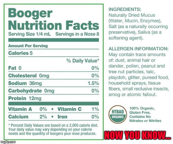 Always good to know what's in everything you eat!!! | NOW YOU KNOW... | image tagged in booger nutrition,memes,boogers,funny,nutrition,know your food | made w/ Imgflip meme maker