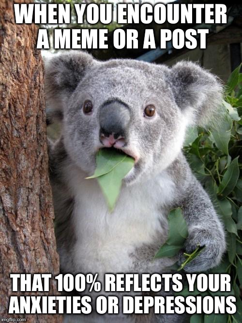 Surprised Koala Meme | WHEN YOU ENCOUNTER A MEME OR A POST; THAT 100% REFLECTS YOUR ANXIETIES OR DEPRESSIONS | image tagged in memes,surprised koala | made w/ Imgflip meme maker