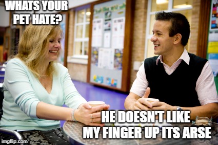 WHATS YOUR PET HATE? HE DOESN'T LIKE MY FINGER UP ITS ARSE | image tagged in pets | made w/ Imgflip meme maker