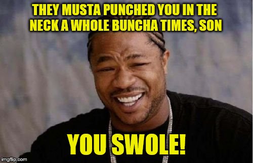 Yo Dawg Heard You Meme | THEY MUSTA PUNCHED YOU IN THE NECK A WHOLE BUNCHA TIMES, SON YOU SWOLE! | image tagged in memes,yo dawg heard you | made w/ Imgflip meme maker
