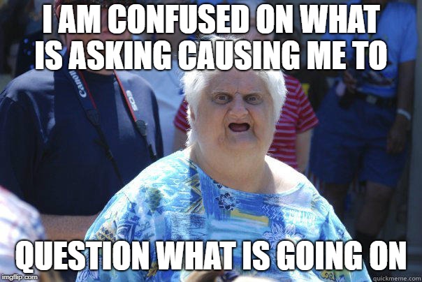 Old Lady Wat | I AM CONFUSED ON WHAT IS ASKING CAUSING ME TO; QUESTION WHAT IS GOING ON | image tagged in old lady wat | made w/ Imgflip meme maker