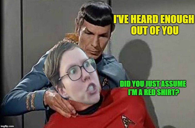 Fed-up Spock | I'VE HEARD ENOUGH OUT OF YOU; DID YOU JUST ASSUME I'M A RED SHIRT? | image tagged in funny memes,startrek,mr spock,angry feminist | made w/ Imgflip meme maker
