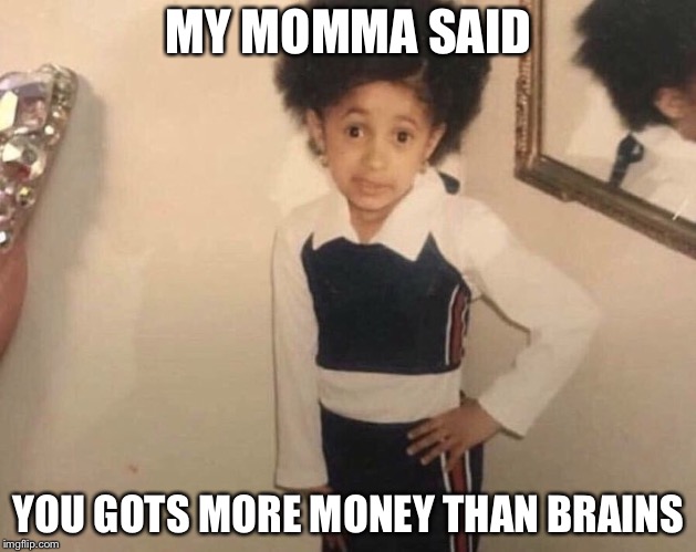 My Momma Said | MY MOMMA SAID YOU GOTS MORE MONEY THAN BRAINS | image tagged in my momma said | made w/ Imgflip meme maker