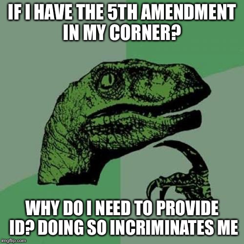 Philosoraptor Meme | IF I HAVE THE 5TH AMENDMENT IN MY CORNER? WHY DO I NEED TO PROVIDE ID? DOING SO INCRIMINATES ME | image tagged in memes,philosoraptor | made w/ Imgflip meme maker