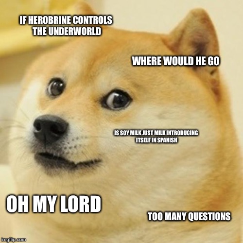 Doge Meme | IF HEROBRINE CONTROLS THE UNDERWORLD; WHERE WOULD HE GO; IS SOY MILK JUST MILK INTRODUCING ITSELF IN SPANISH; OH MY LORD; TOO MANY QUESTIONS | image tagged in memes,doge | made w/ Imgflip meme maker